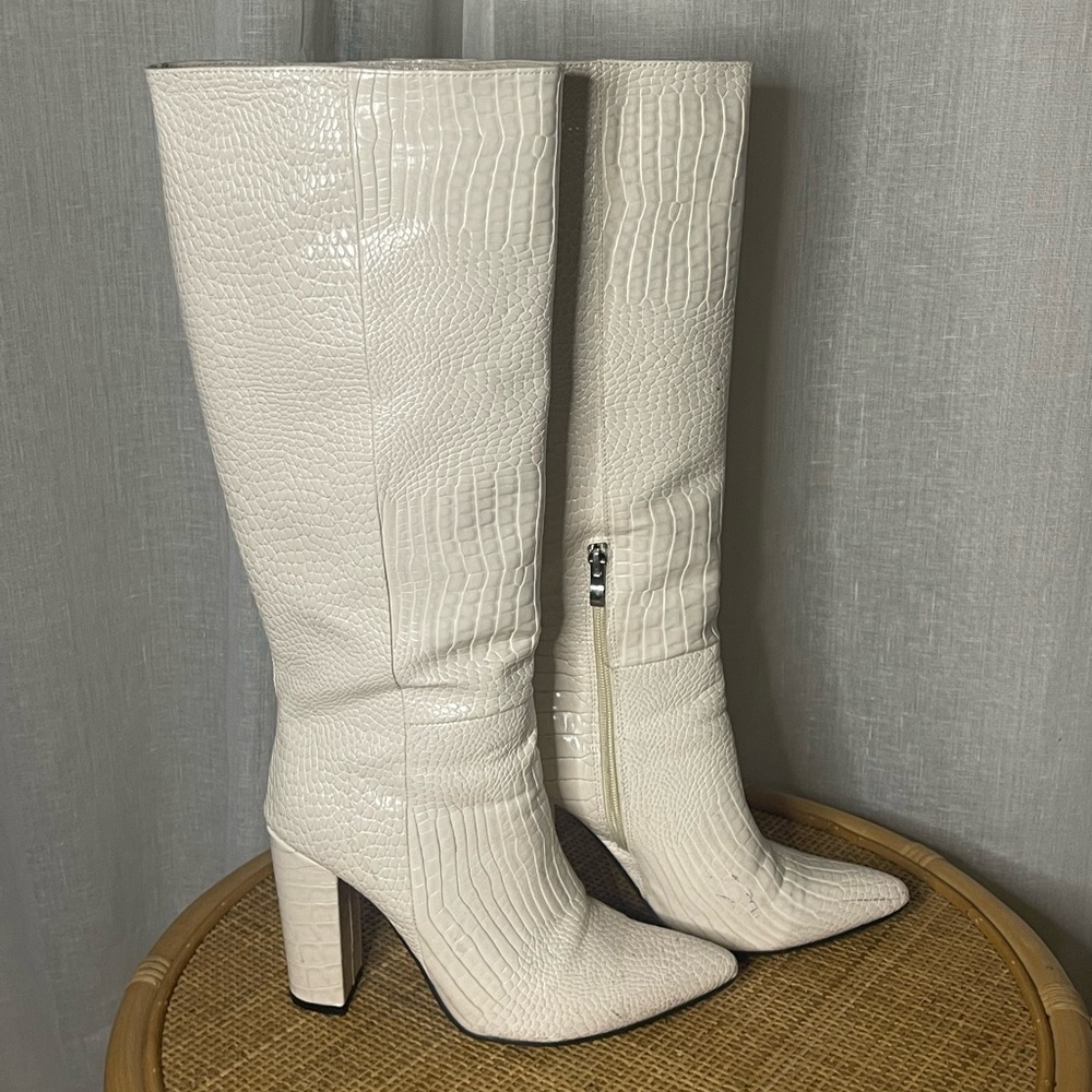 Tall White Snakeskin Print Boots